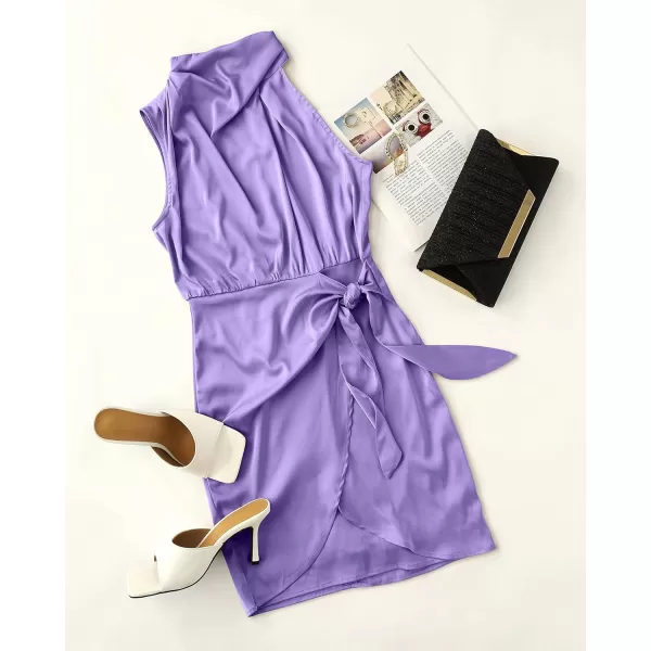 imageZESICA Womens 2023 Fashion Satin Sleeveless Halter Neck Tie Waist Wrap Bodycon Cocktail Party Mini DressPurple