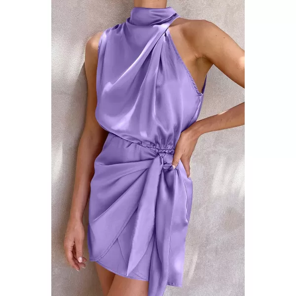imageZESICA Womens 2023 Fashion Satin Sleeveless Halter Neck Tie Waist Wrap Bodycon Cocktail Party Mini DressPurple