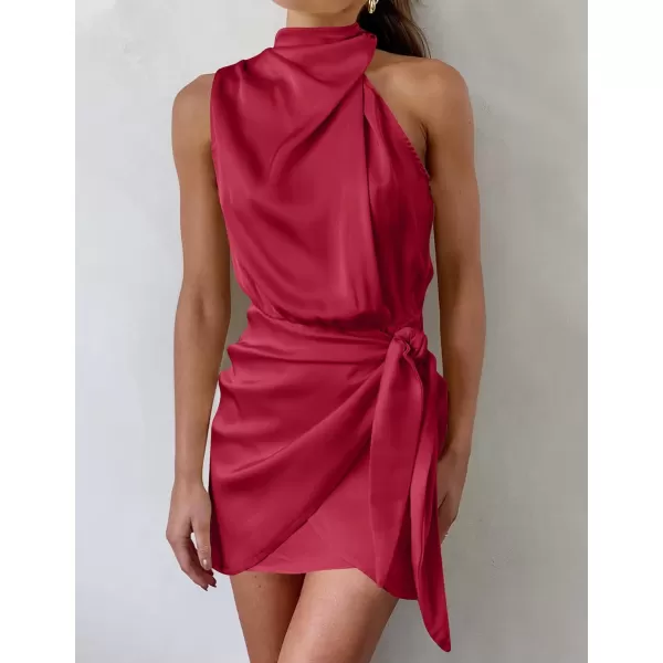 imageZESICA Womens 2023 Fashion Satin Sleeveless Halter Neck Tie Waist Wrap Bodycon Cocktail Party Mini DressRed