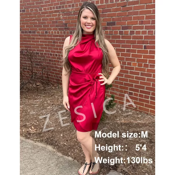 imageZESICA Womens 2023 Fashion Satin Sleeveless Halter Neck Tie Waist Wrap Bodycon Cocktail Party Mini DressRed