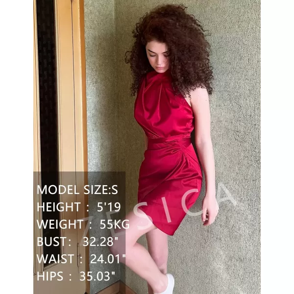 imageZESICA Womens 2023 Fashion Satin Sleeveless Halter Neck Tie Waist Wrap Bodycon Cocktail Party Mini DressRed