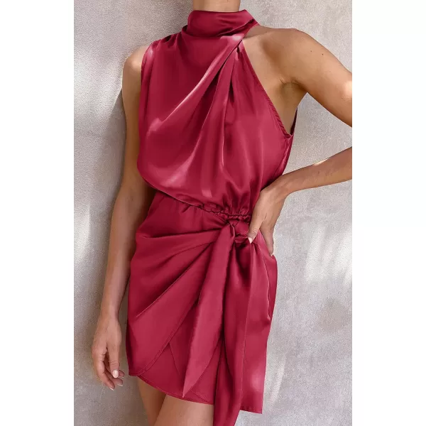 imageZESICA Womens 2023 Fashion Satin Sleeveless Halter Neck Tie Waist Wrap Bodycon Cocktail Party Mini DressRed