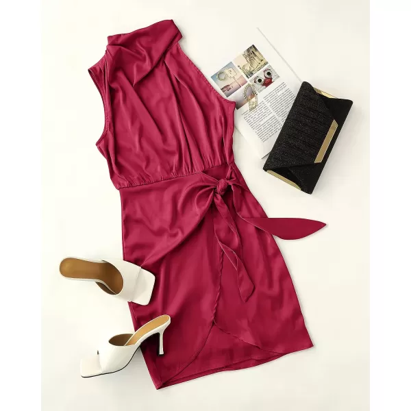 imageZESICA Womens 2023 Fashion Satin Sleeveless Halter Neck Tie Waist Wrap Bodycon Cocktail Party Mini DressRed