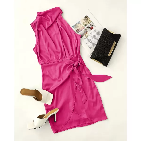 imageZESICA Womens 2023 Fashion Satin Sleeveless Halter Neck Tie Waist Wrap Bodycon Cocktail Party Mini DressRose