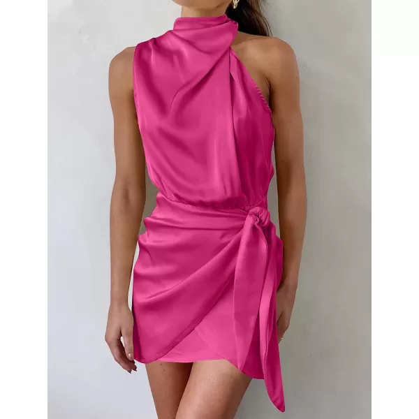 imageZESICA Womens 2023 Fashion Satin Sleeveless Halter Neck Tie Waist Wrap Bodycon Cocktail Party Mini DressRose