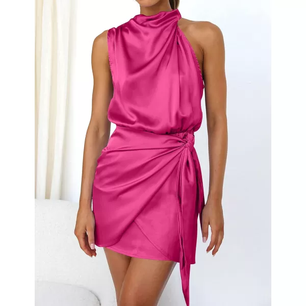 imageZESICA Womens 2023 Fashion Satin Sleeveless Halter Neck Tie Waist Wrap Bodycon Cocktail Party Mini DressRose
