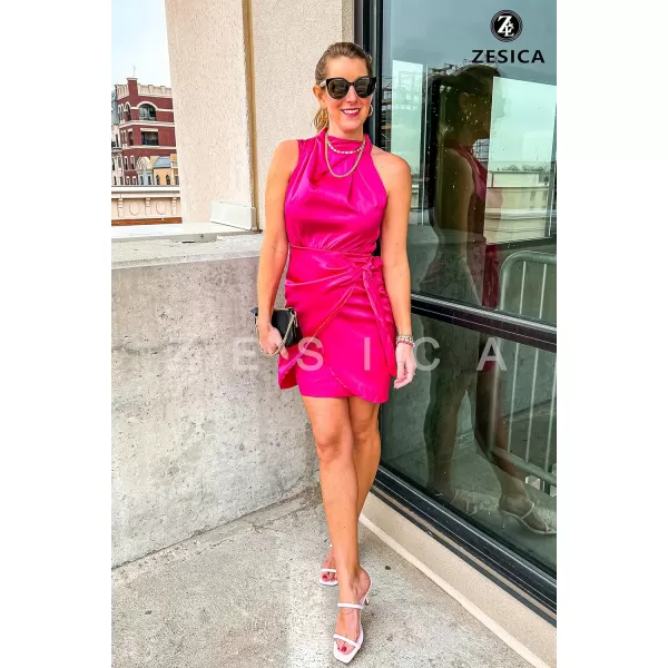 imageZESICA Womens 2023 Fashion Satin Sleeveless Halter Neck Tie Waist Wrap Bodycon Cocktail Party Mini DressRose
