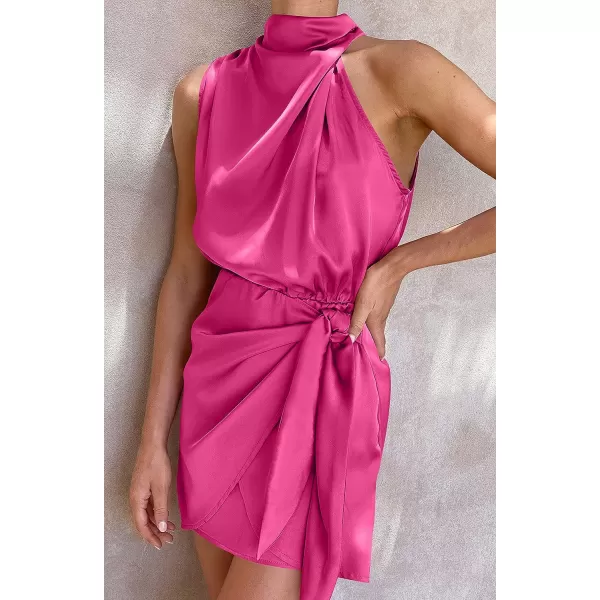 imageZESICA Womens 2023 Fashion Satin Sleeveless Halter Neck Tie Waist Wrap Bodycon Cocktail Party Mini DressRose