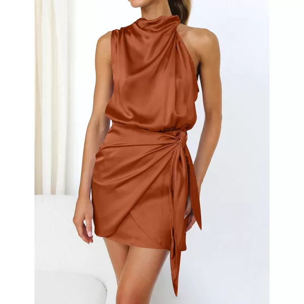 imageZESICA Womens 2023 Fashion Satin Sleeveless Halter Neck Tie Waist Wrap Bodycon Cocktail Party Mini DressRust