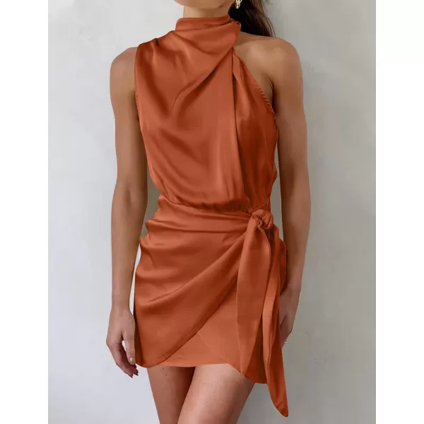 imageZESICA Womens 2023 Fashion Satin Sleeveless Halter Neck Tie Waist Wrap Bodycon Cocktail Party Mini DressRust