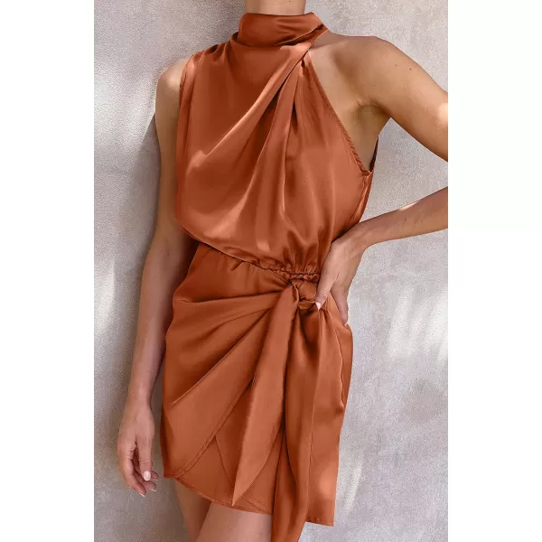 imageZESICA Womens 2023 Fashion Satin Sleeveless Halter Neck Tie Waist Wrap Bodycon Cocktail Party Mini DressRust