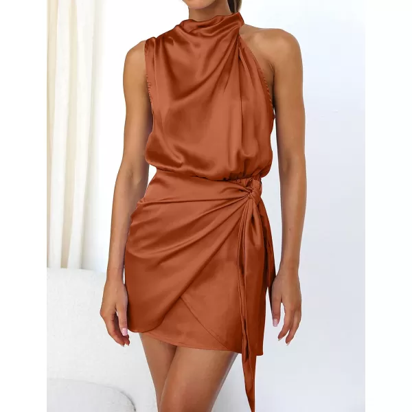 imageZESICA Womens 2023 Fashion Satin Sleeveless Halter Neck Tie Waist Wrap Bodycon Cocktail Party Mini DressRust