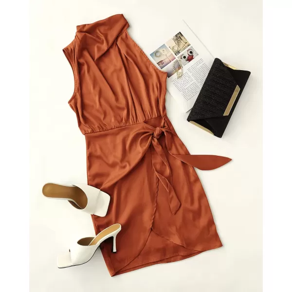 imageZESICA Womens 2023 Fashion Satin Sleeveless Halter Neck Tie Waist Wrap Bodycon Cocktail Party Mini DressRust