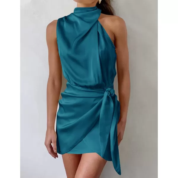 imageZESICA Womens 2023 Fashion Satin Sleeveless Halter Neck Tie Waist Wrap Bodycon Cocktail Party Mini DressTeal