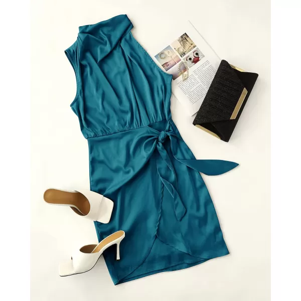 imageZESICA Womens 2023 Fashion Satin Sleeveless Halter Neck Tie Waist Wrap Bodycon Cocktail Party Mini DressTeal
