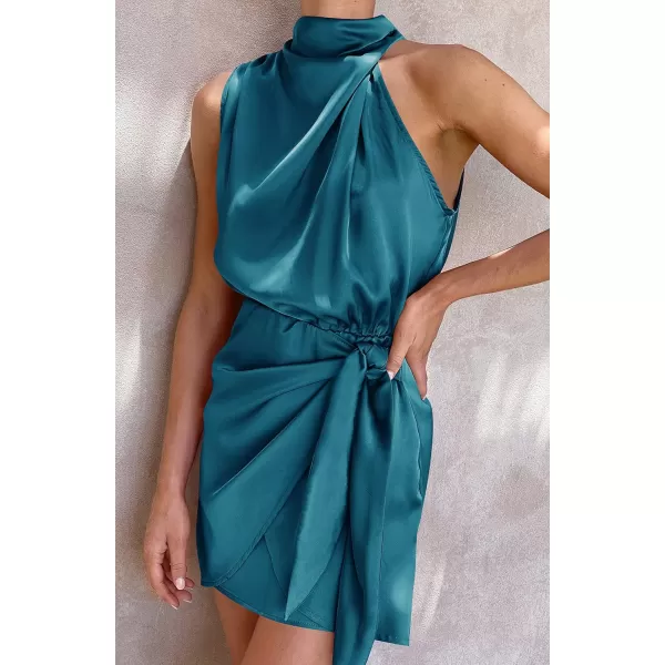 imageZESICA Womens 2023 Fashion Satin Sleeveless Halter Neck Tie Waist Wrap Bodycon Cocktail Party Mini DressTeal