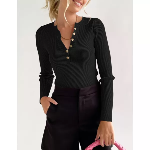 imageZESICA Womens 2023 Long Sleeve Button Down V Neck Slim Fitted T Shirts Fall Casual Ribbed Knit Basic Tee TopsBlack
