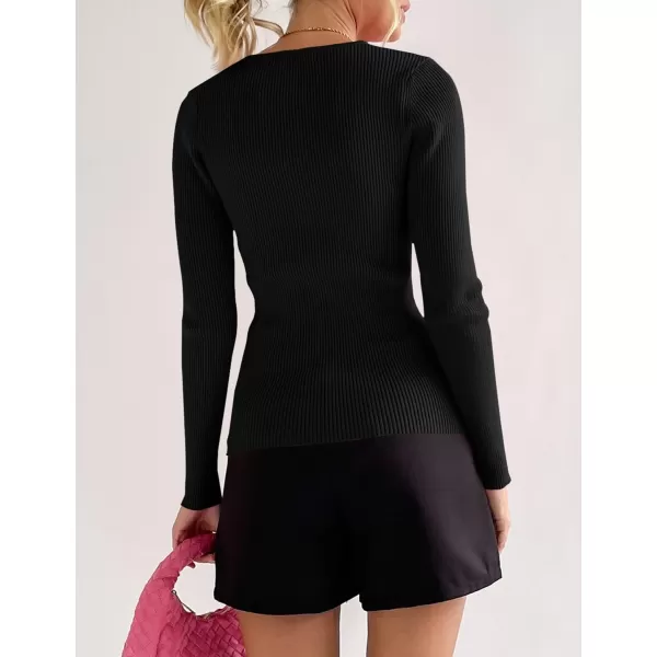 imageZESICA Womens 2023 Long Sleeve Button Down V Neck Slim Fitted T Shirts Fall Casual Ribbed Knit Basic Tee TopsBlack