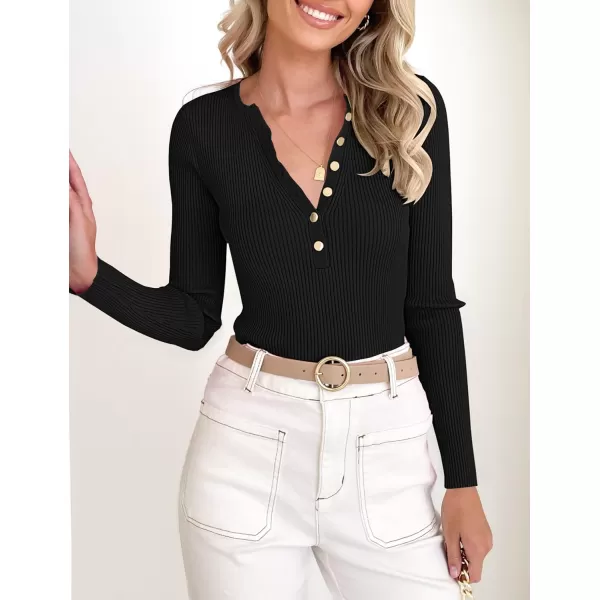 imageZESICA Womens 2023 Long Sleeve Button Down V Neck Slim Fitted T Shirts Fall Casual Ribbed Knit Basic Tee TopsBlack