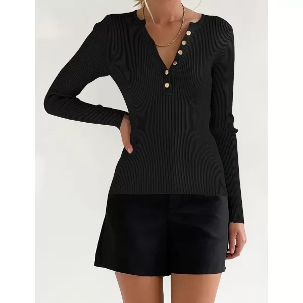 imageZESICA Womens 2023 Long Sleeve Button Down V Neck Slim Fitted T Shirts Fall Casual Ribbed Knit Basic Tee TopsBlack