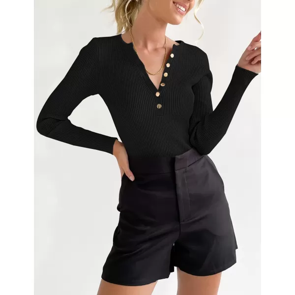 imageZESICA Womens 2023 Long Sleeve Button Down V Neck Slim Fitted T Shirts Fall Casual Ribbed Knit Basic Tee TopsBlack