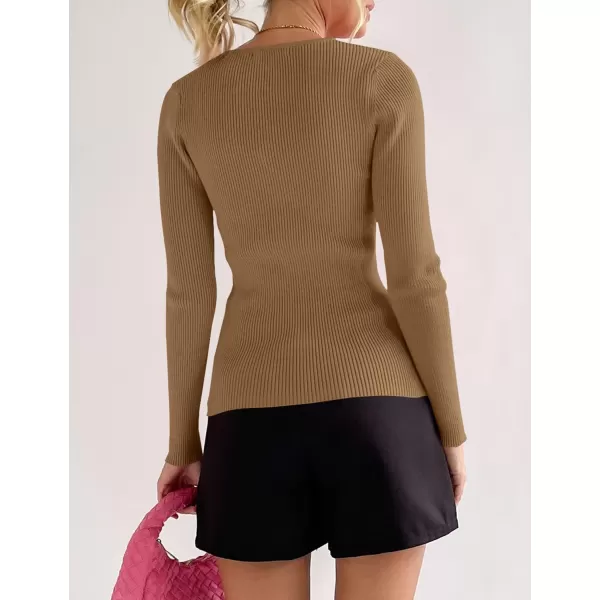 imageZESICA Womens 2023 Long Sleeve Button Down V Neck Slim Fitted T Shirts Fall Casual Ribbed Knit Basic Tee TopsBrown
