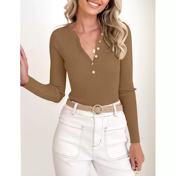 imageZESICA Womens 2023 Long Sleeve Button Down V Neck Slim Fitted T Shirts Fall Casual Ribbed Knit Basic Tee TopsBrown