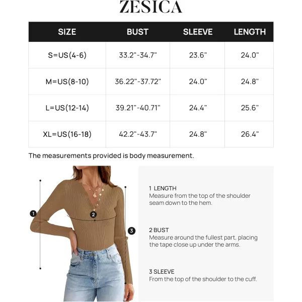 imageZESICA Womens 2023 Long Sleeve Button Down V Neck Slim Fitted T Shirts Fall Casual Ribbed Knit Basic Tee TopsBrown
