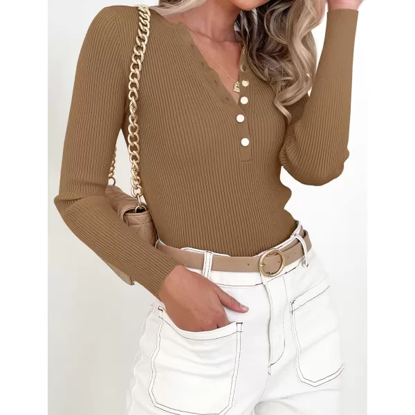 imageZESICA Womens 2023 Long Sleeve Button Down V Neck Slim Fitted T Shirts Fall Casual Ribbed Knit Basic Tee TopsBrown