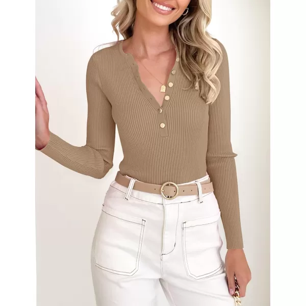 imageZESICA Womens 2023 Long Sleeve Button Down V Neck Slim Fitted T Shirts Fall Casual Ribbed Knit Basic Tee TopsCamel