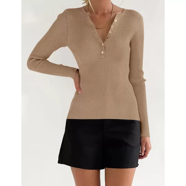 imageZESICA Womens 2023 Long Sleeve Button Down V Neck Slim Fitted T Shirts Fall Casual Ribbed Knit Basic Tee TopsCamel