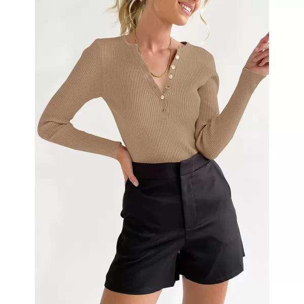 imageZESICA Womens 2023 Long Sleeve Button Down V Neck Slim Fitted T Shirts Fall Casual Ribbed Knit Basic Tee TopsCamel