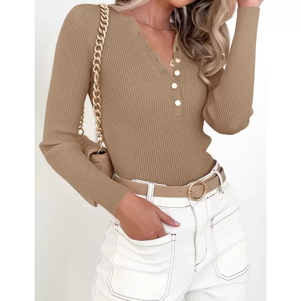 imageZESICA Womens 2023 Long Sleeve Button Down V Neck Slim Fitted T Shirts Fall Casual Ribbed Knit Basic Tee TopsCamel