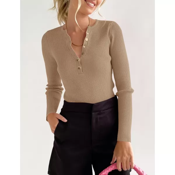 imageZESICA Womens 2023 Long Sleeve Button Down V Neck Slim Fitted T Shirts Fall Casual Ribbed Knit Basic Tee TopsCamel
