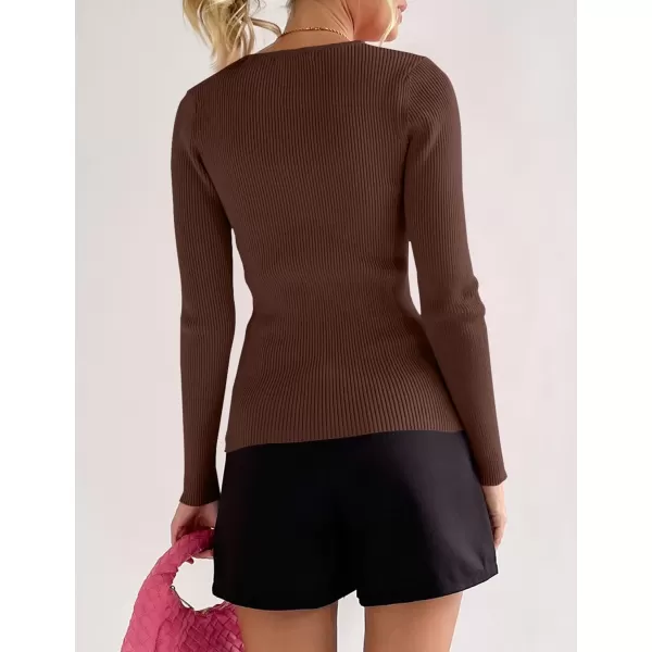 imageZESICA Womens 2023 Long Sleeve Button Down V Neck Slim Fitted T Shirts Fall Casual Ribbed Knit Basic Tee TopsCoffee