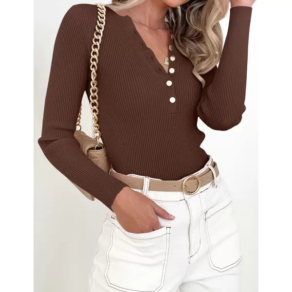 imageZESICA Womens 2023 Long Sleeve Button Down V Neck Slim Fitted T Shirts Fall Casual Ribbed Knit Basic Tee TopsCoffee