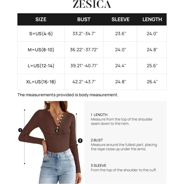 imageZESICA Womens 2023 Long Sleeve Button Down V Neck Slim Fitted T Shirts Fall Casual Ribbed Knit Basic Tee TopsCoffee
