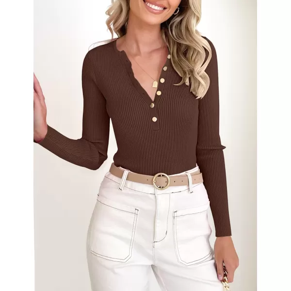 imageZESICA Womens 2023 Long Sleeve Button Down V Neck Slim Fitted T Shirts Fall Casual Ribbed Knit Basic Tee TopsCoffee