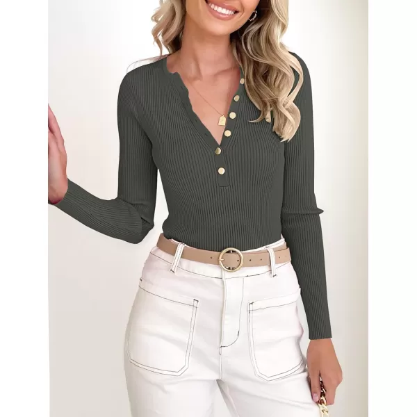 imageZESICA Womens 2023 Long Sleeve Button Down V Neck Slim Fitted T Shirts Fall Casual Ribbed Knit Basic Tee TopsDarkgrey