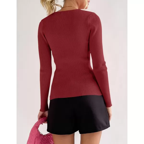 imageZESICA Womens 2023 Long Sleeve Button Down V Neck Slim Fitted T Shirts Fall Casual Ribbed Knit Basic Tee TopsDarkred