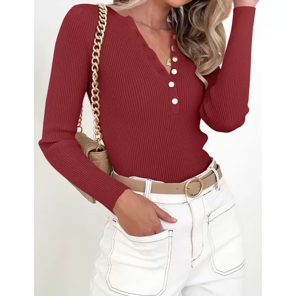 imageZESICA Womens 2023 Long Sleeve Button Down V Neck Slim Fitted T Shirts Fall Casual Ribbed Knit Basic Tee TopsDarkred