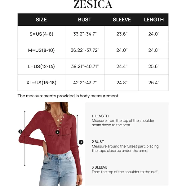 imageZESICA Womens 2023 Long Sleeve Button Down V Neck Slim Fitted T Shirts Fall Casual Ribbed Knit Basic Tee TopsDarkred
