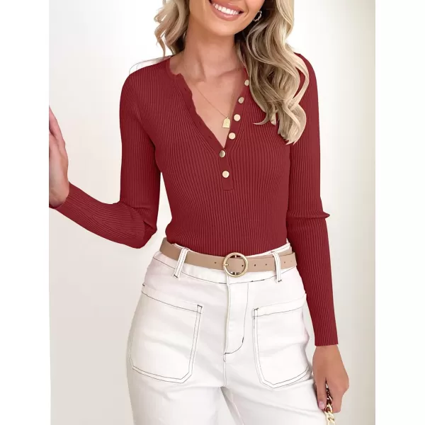 imageZESICA Womens 2023 Long Sleeve Button Down V Neck Slim Fitted T Shirts Fall Casual Ribbed Knit Basic Tee TopsDarkred
