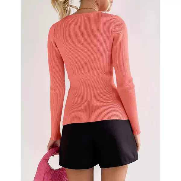 imageZESICA Womens 2023 Long Sleeve Button Down V Neck Slim Fitted T Shirts Fall Casual Ribbed Knit Basic Tee TopsGrapefruit