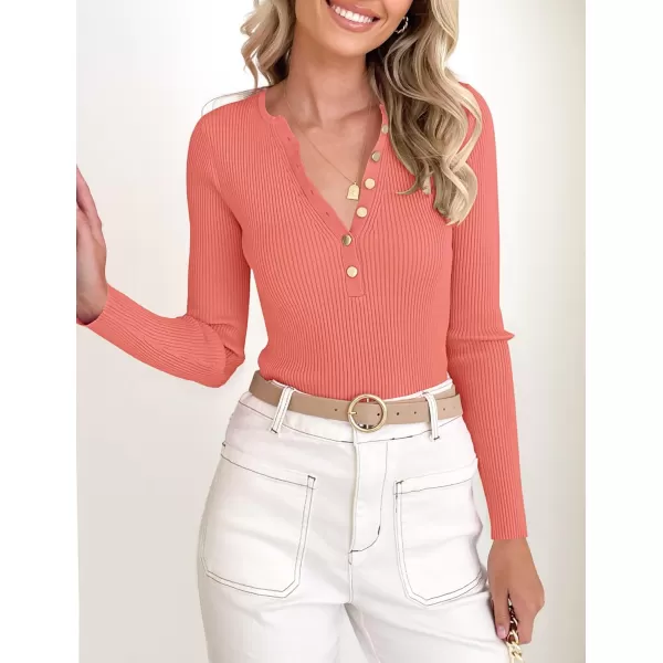 imageZESICA Womens 2023 Long Sleeve Button Down V Neck Slim Fitted T Shirts Fall Casual Ribbed Knit Basic Tee TopsGrapefruit
