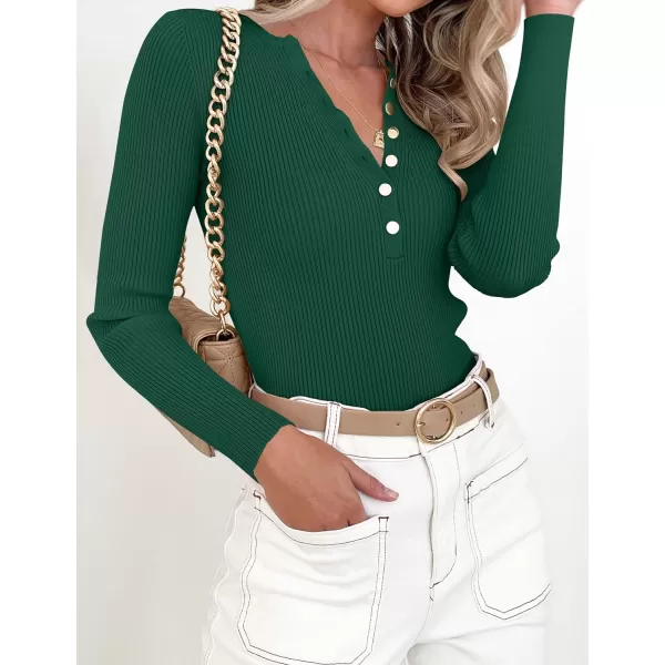 imageZESICA Womens 2023 Long Sleeve Button Down V Neck Slim Fitted T Shirts Fall Casual Ribbed Knit Basic Tee TopsGreen