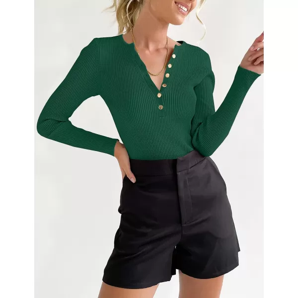 imageZESICA Womens 2023 Long Sleeve Button Down V Neck Slim Fitted T Shirts Fall Casual Ribbed Knit Basic Tee TopsGreen