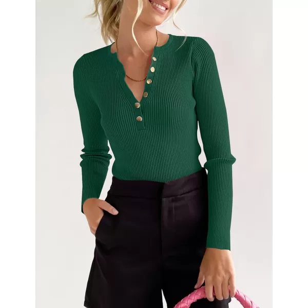 imageZESICA Womens 2023 Long Sleeve Button Down V Neck Slim Fitted T Shirts Fall Casual Ribbed Knit Basic Tee TopsGreen