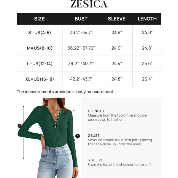 imageZESICA Womens 2023 Long Sleeve Button Down V Neck Slim Fitted T Shirts Fall Casual Ribbed Knit Basic Tee TopsGreen