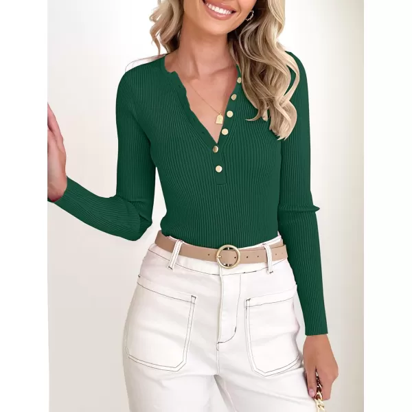 imageZESICA Womens 2023 Long Sleeve Button Down V Neck Slim Fitted T Shirts Fall Casual Ribbed Knit Basic Tee TopsGreen